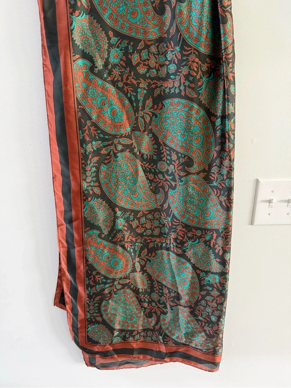 Paisley Silk-Feel Wrap Scarf in Teal & Rust